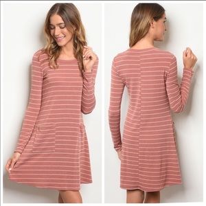 Mauve and white striped long sleeve tunic dress